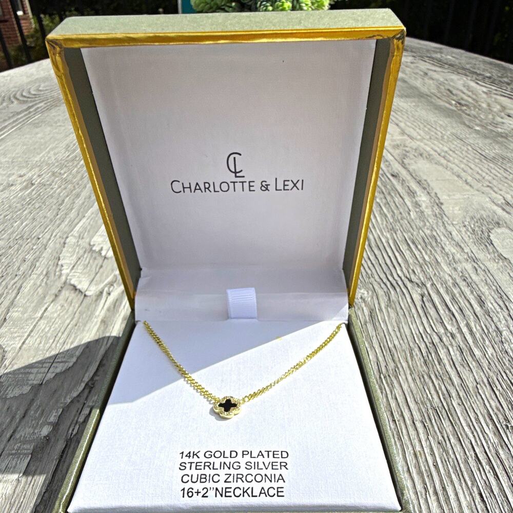 Charlotte & Lexi 14K Gold Plated Sterling Silver CZ Clover Pendant 16+2" (159)